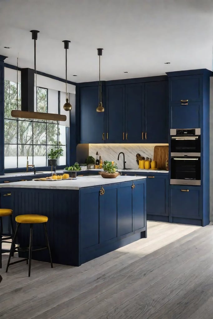 Modern kitchen with navy blue and yellow