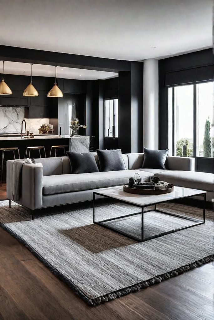 Openplan living room with area rug defining spaces