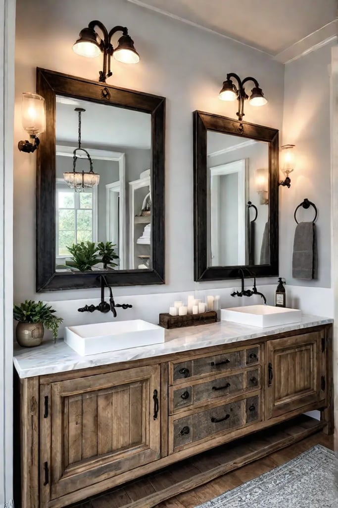Rustic bathroom double vanity antique sconces