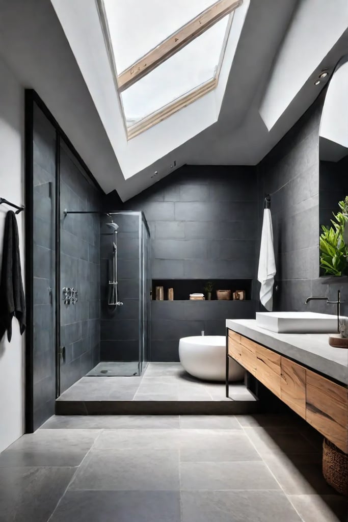 Rustic bathroom with skylight