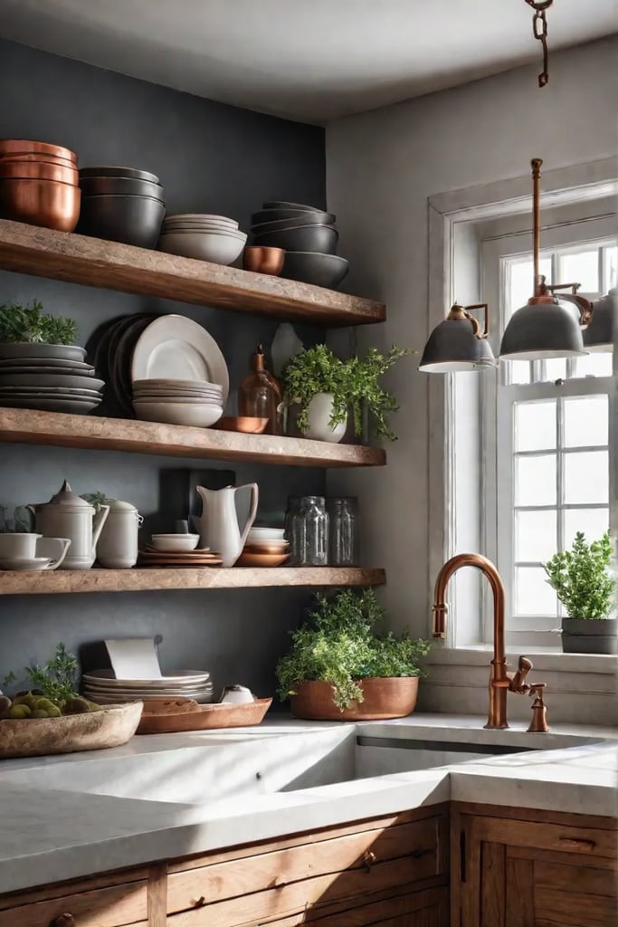 Rustic farmhouse kitchen with open shelving and vintage accents