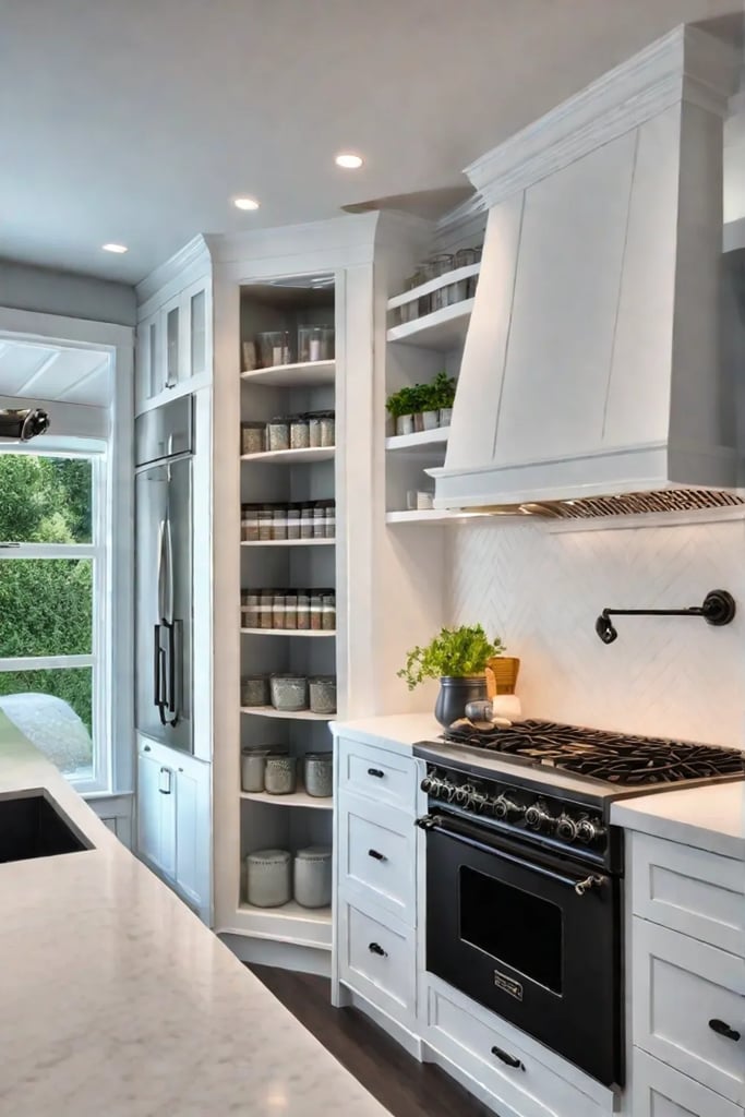 Small farmhouse kitchen with frosted glass cabinets and open shelving