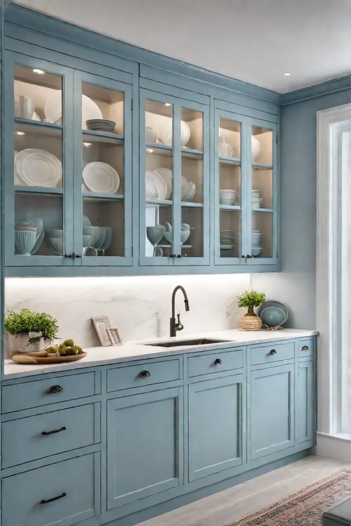 Small kitchen with light blue cabinets and glass doors for a spacious feel