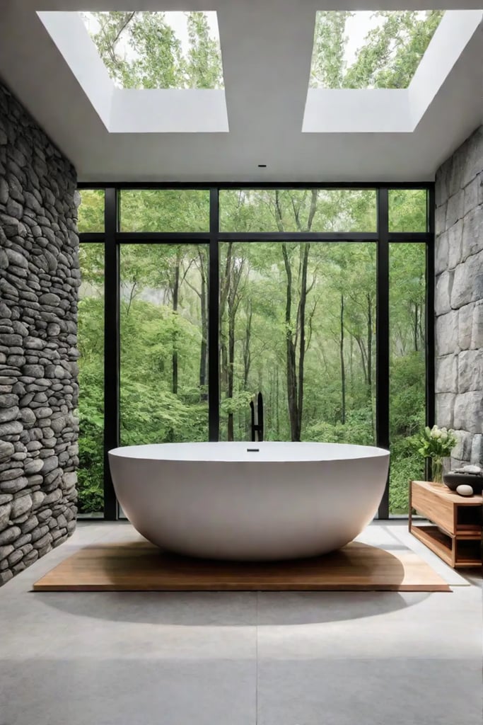 Soaking tub stone wall forest view