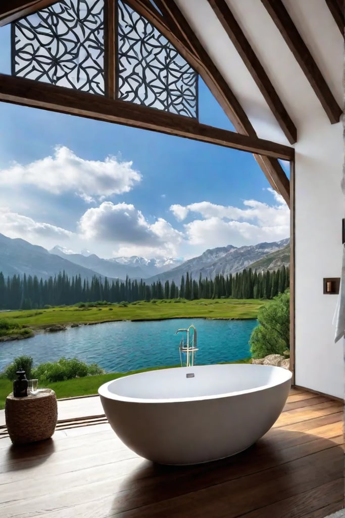 Stone fireplace spacious bathroom serene ambiance
