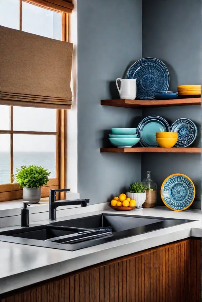 Warm and functional small kitchen design with open shelving display