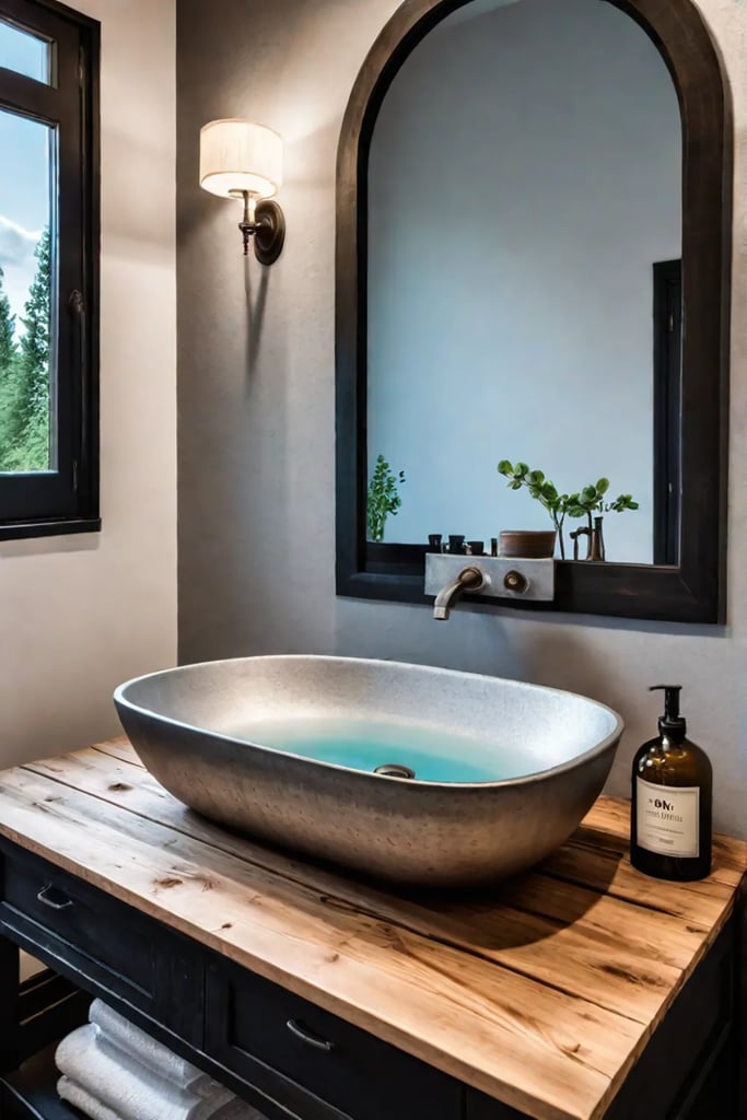 Whimsical bathroom design milk can storage wood countertop