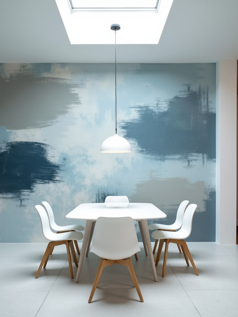 Modern dining room with blue and gray abstract brushstroke wallpaper, minimalist furniture, and soft skylight.