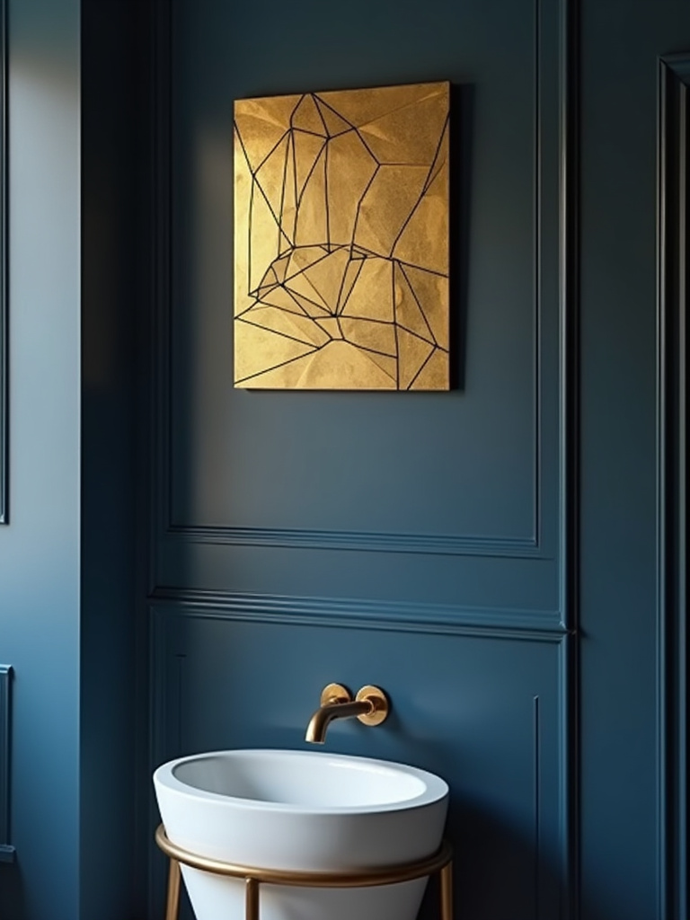 Gold abstract geometric metal wall art on a dark blue bathroom wall.