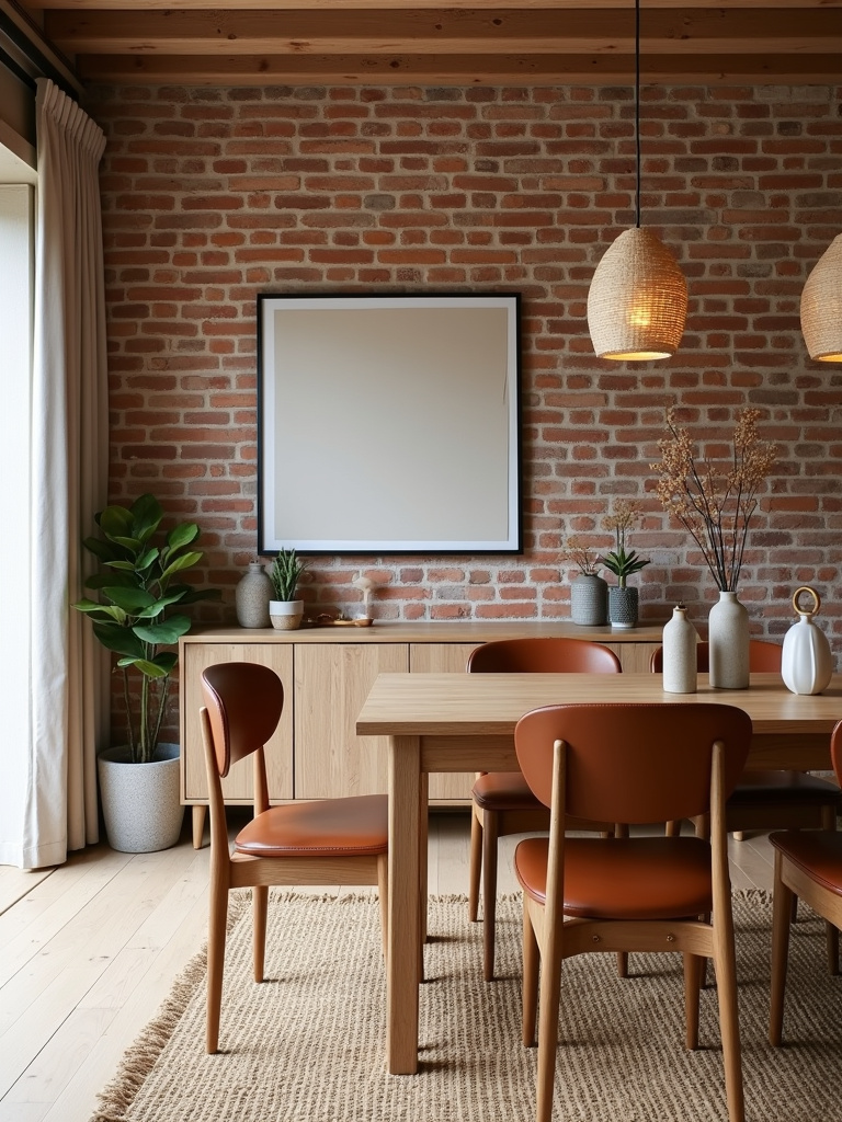 “Rustic modern dining room with exposed brick, wood table, leather chairs, and jute rug showcasing natural materials.”