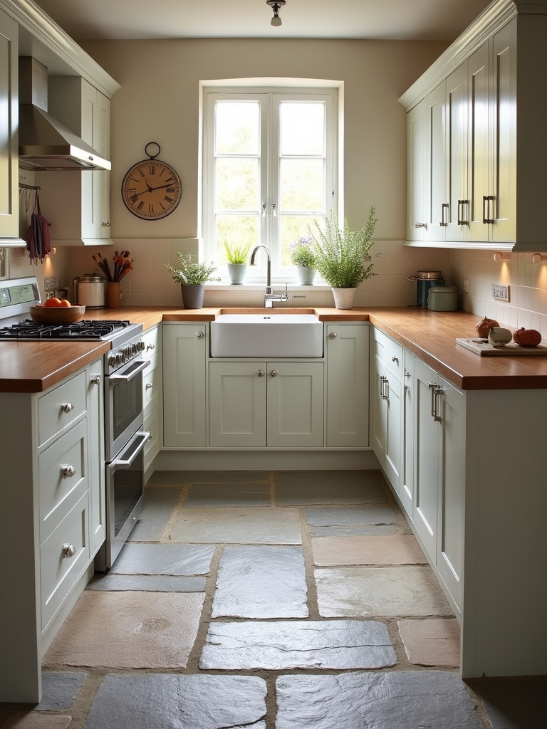 Rustic farmhouse kitchen showcasing a textured stone floor made of irregular slate tiles, complemented by white shaker cabinets, wooden countertops, and an apron-front sink, bathed in warm natural light.