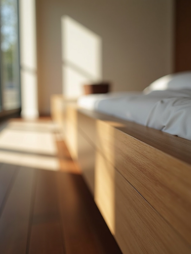 Close-up detail of a natural wood nightstand in a minimalist bedroom, showcasing the warm wood grain texture.