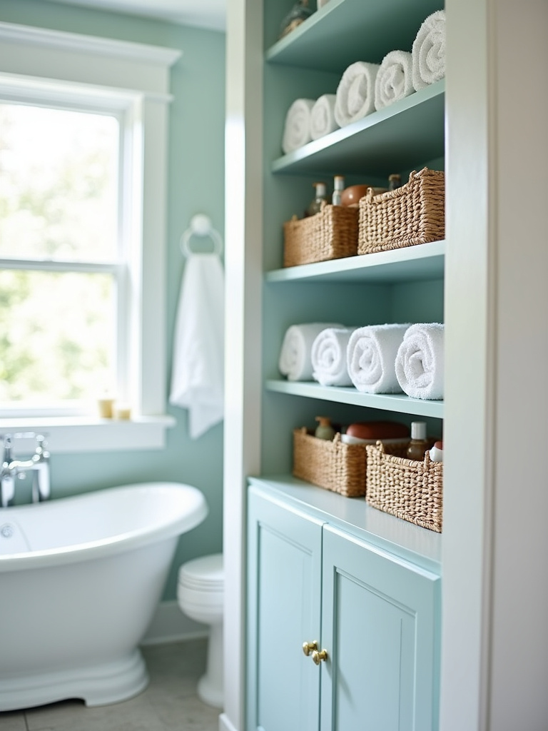 Bright coastal bathroom featuring open shelves with woven baskets storing rolled white towels and toiletries, set against light blue walls and white trim, illuminated by natural daylight.