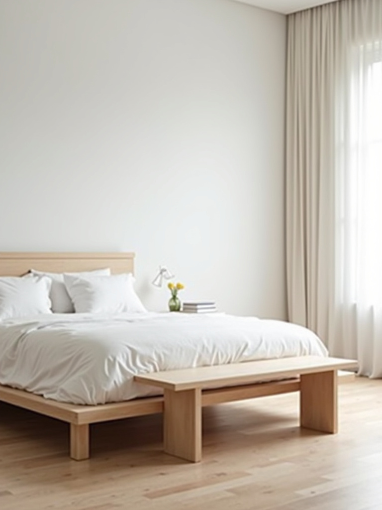 A simple light wood bench at the foot of a platform bed in a minimalist bedroom, adding functionality and visual balance.