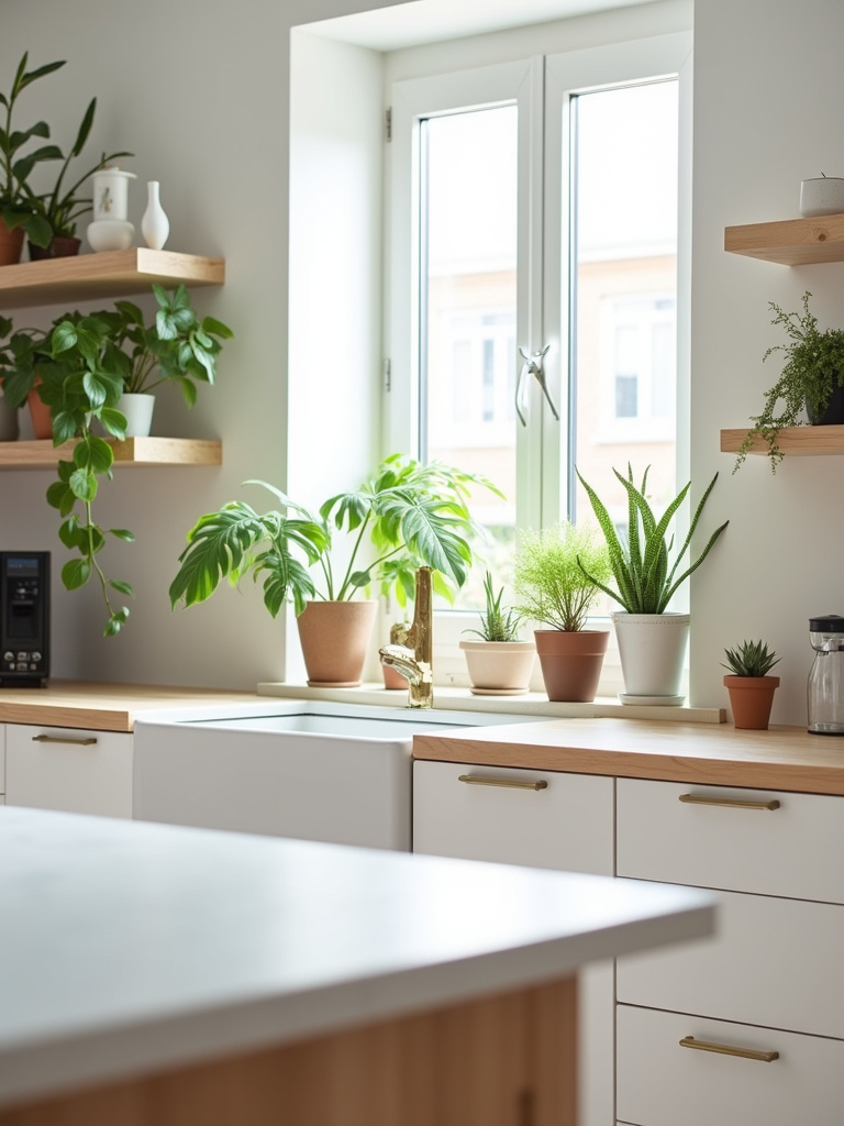 Bright modern minimalist kitchen featuring potted plants adding greenery and freshness, with plants on the windowsill, open shelves, and countertop, complemented by white cabinets, white countertops, and light wood accents, bathed in bright natural light.