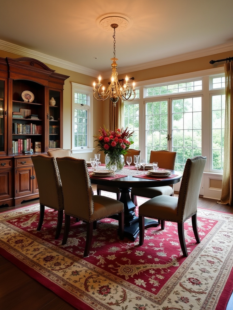 “Traditional dining room with a dark wood table and a large Persian style area rug.”