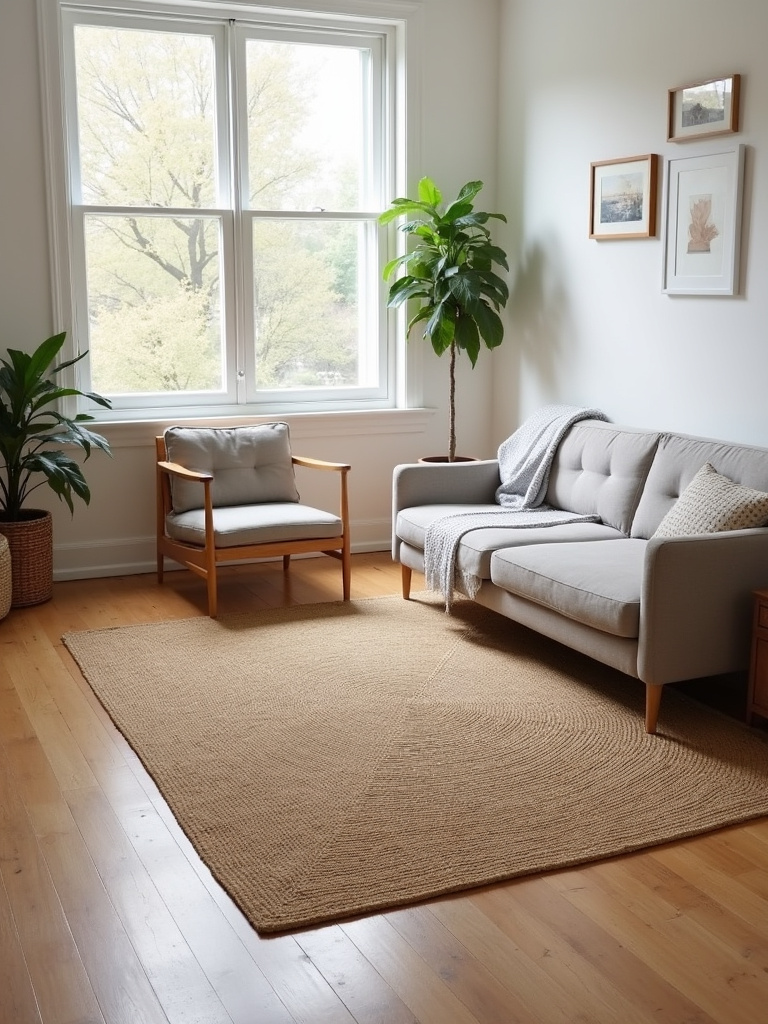 Simple living room with a large jute rug anchoring the seating area, showcasing how the rug defines the space and creates a cohesive look.