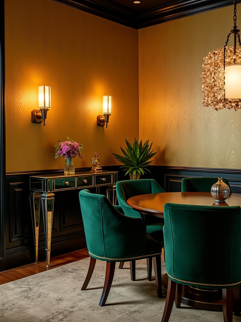 Art Deco dining room with gold metallic geometric wallpaper, dark wood furniture, and velvet chairs.