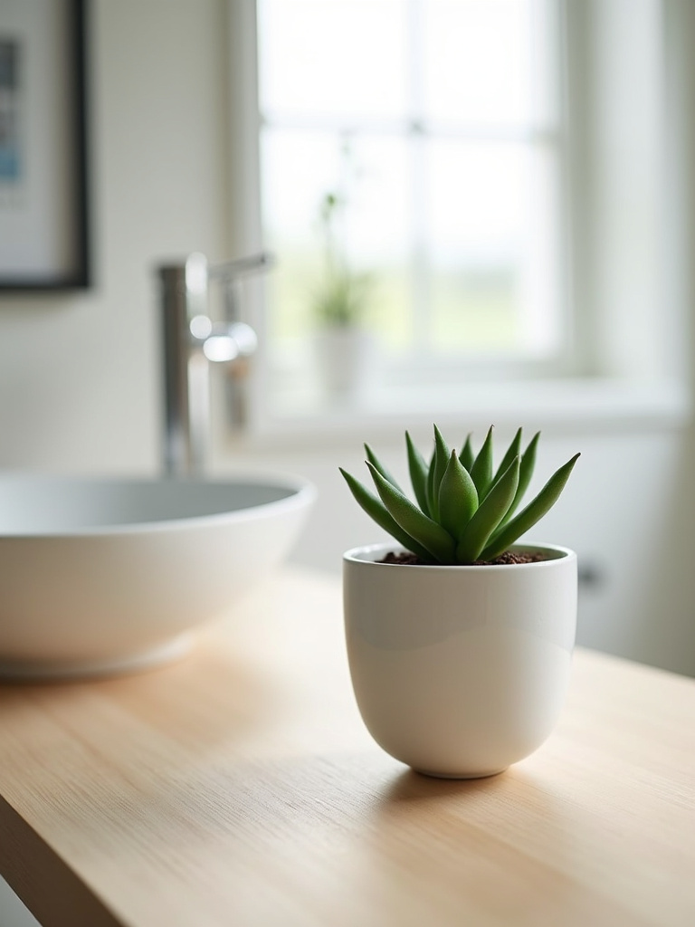 Artificial succulent plant in a ceramic pot on a bathroom vanity countertop.