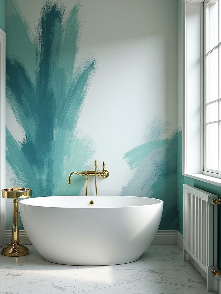 Modern bathroom interior with bold abstract wallpaper in blue and green brushstrokes, creating an artistic and contemporary space.