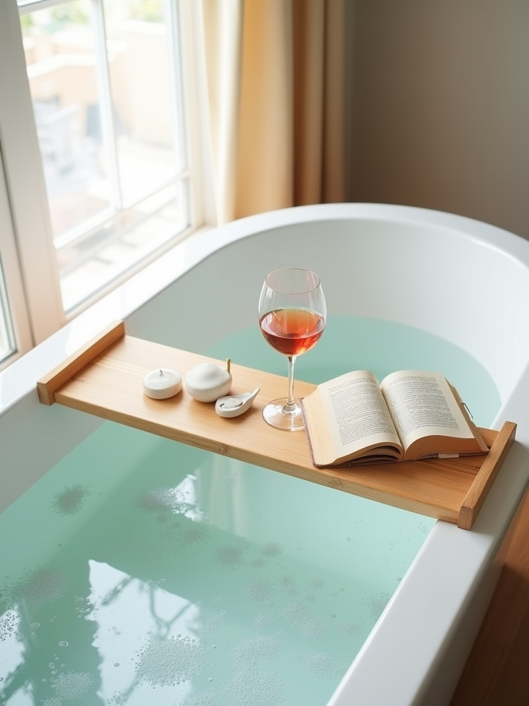 Bamboo bath caddy tray with wine glass and book in a white bathtub.