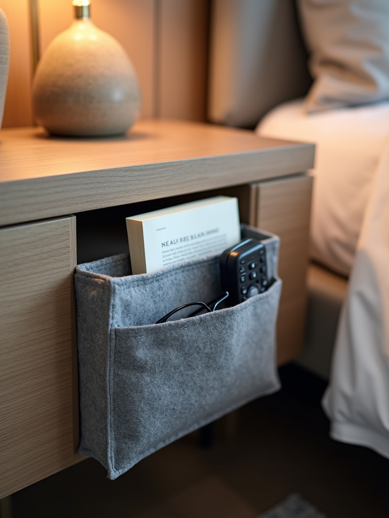 Grey felt bedside caddy hanging from a bed, holding book, glasses, and remote.