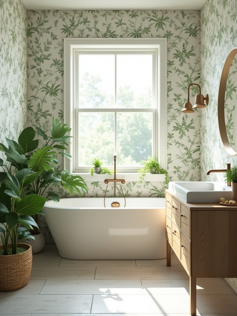 Biophilic bathroom interior with delicate green botanical print wallpaper, creating a nature-connected and wellness-focused space.