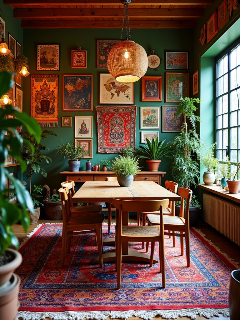 “Vibrant bohemian dining room with mismatched chairs, layered rugs, and a gallery wall.”