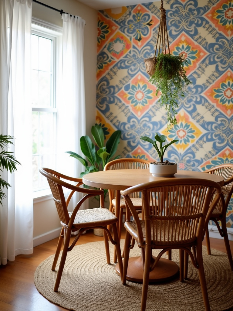 Bohemian dining room with Moroccan tile patterned wallpaper, rattan furniture, and natural textures.