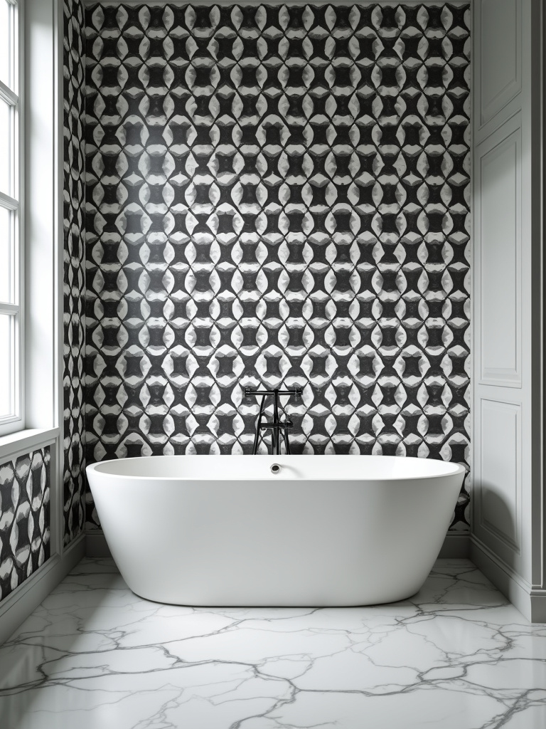 Modern bathroom featuring bold black and white geometric wallpaper accent wall behind a freestanding bathtub.
