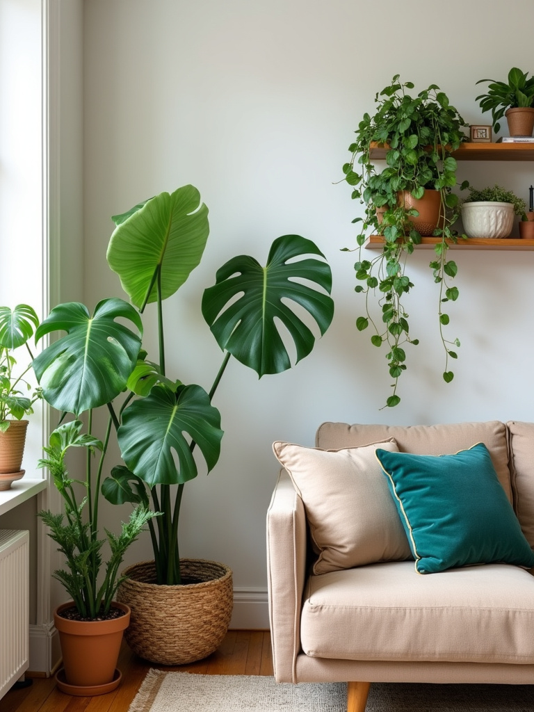 Simple living room with various green plants including a fiddle leaf fig, snake plants, and pothos, emphasizing the fresh and vibrant atmosphere created by indoor greenery.