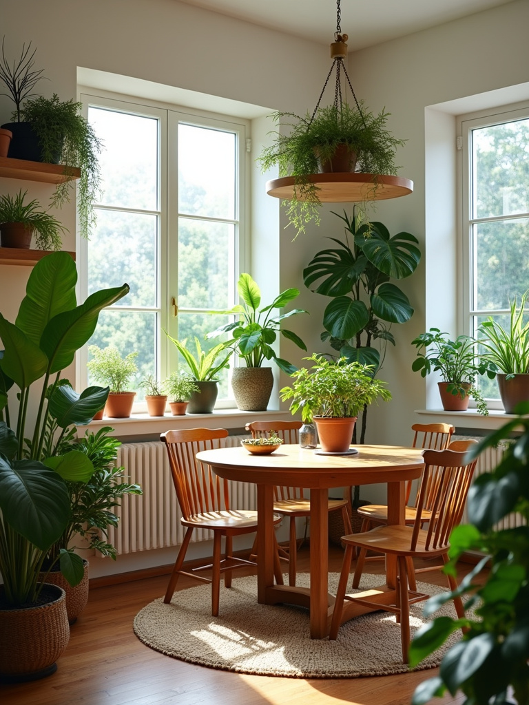 “Bohemian dining room filled with lush indoor plants and natural light.”