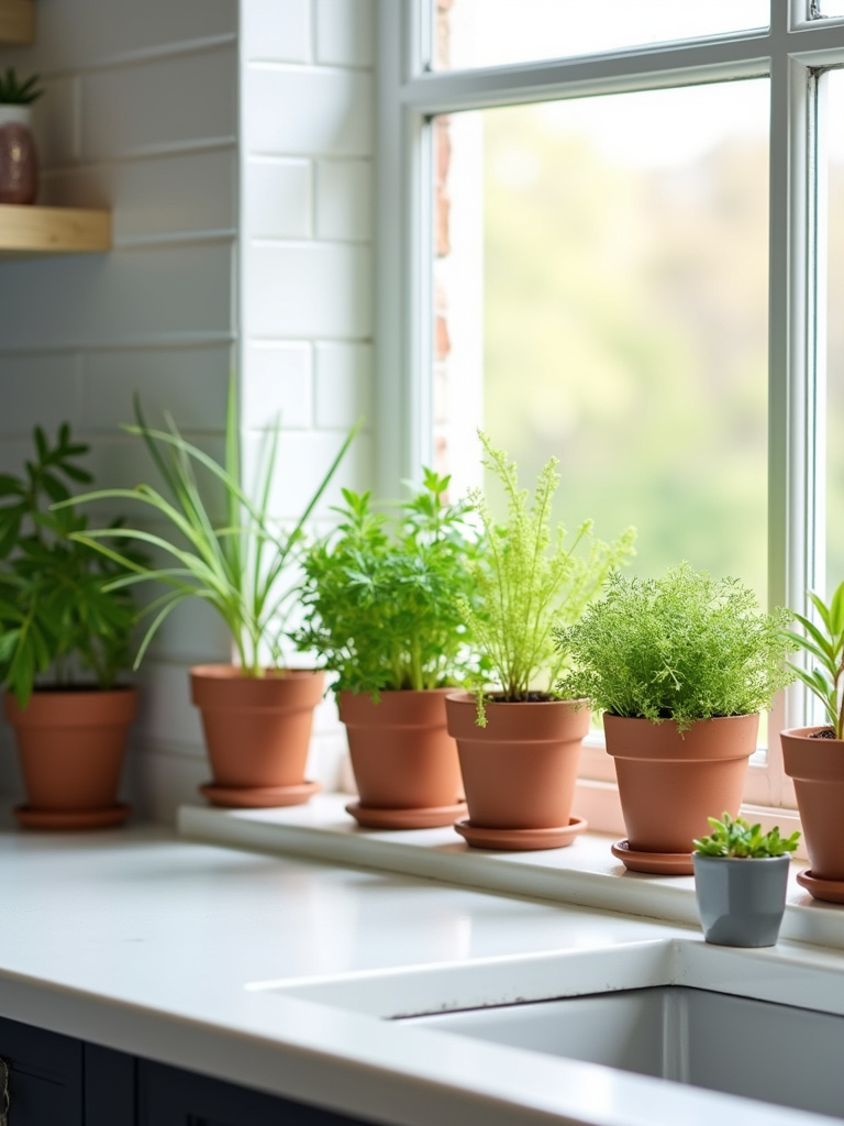 Bright modern kitchen featuring an indoor herb garden on a windowsill, with various herbs growing in terracotta pots, complemented by white countertops and a white subway tile backsplash, bathed in bright natural light.