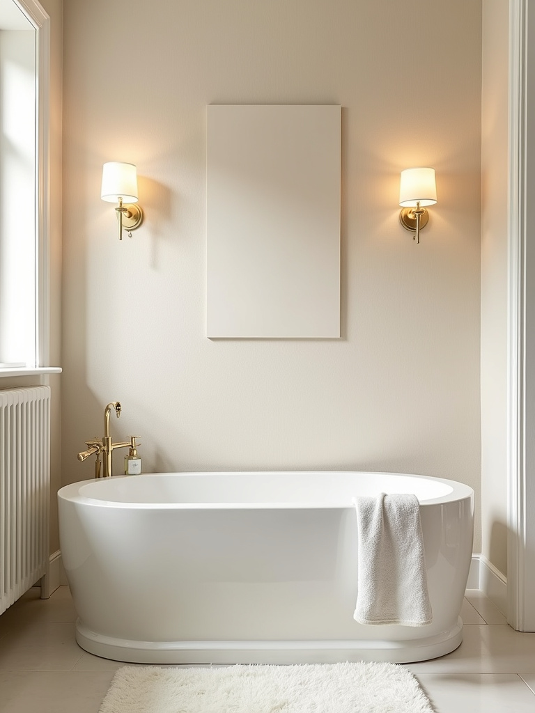 Calming bathroom interior with cream linen-look wallpaper, creating a warm, inviting, and serene space.