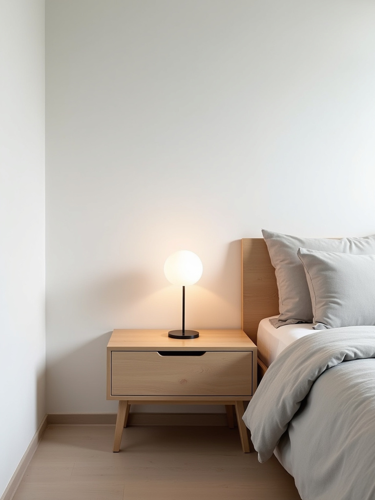 A minimalist bedroom bedside with a simple light wood drawerless nightstand and a minimalist lamp.