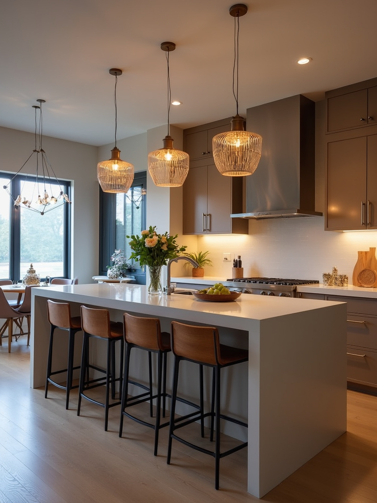 Contemporary kitchen island with statement pendant lighting fixtures above.