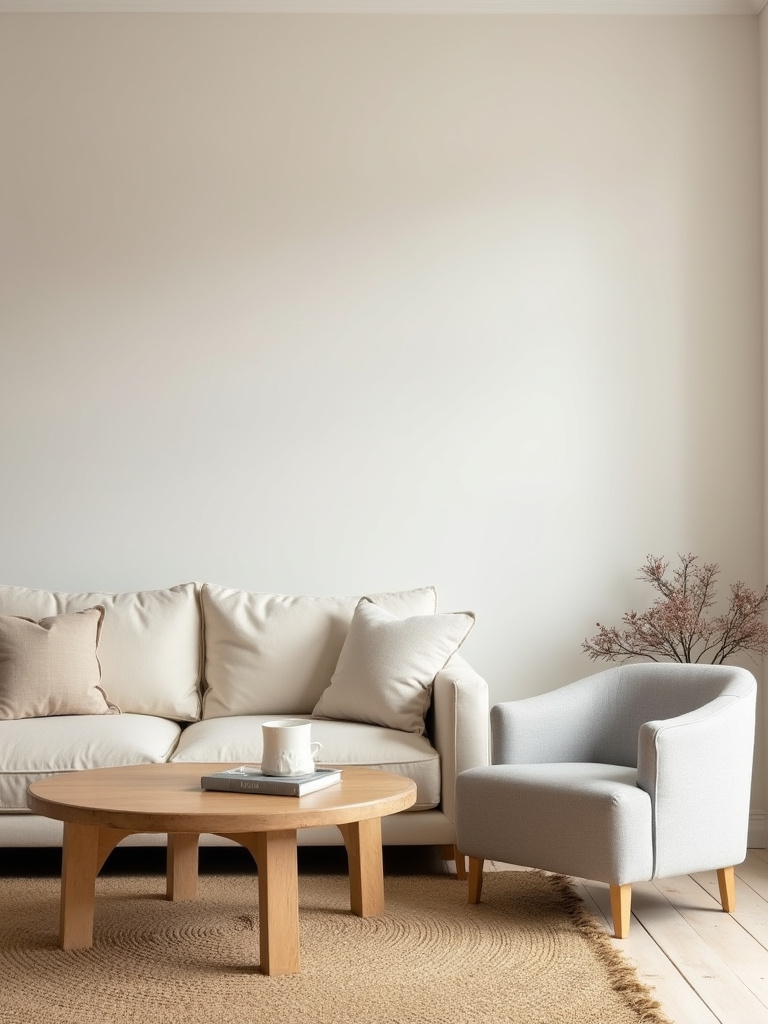 Simple living room with a calming neutral color palette featuring beige walls, cream sofa, and jute rug, emphasizing texture and subtle color variations for a serene feel.