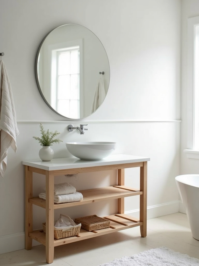 Bright coastal bathroom featuring a light wood vanity with open shelving, white countertop, vessel sink, and round mirror, bathed in soft morning light against white walls.