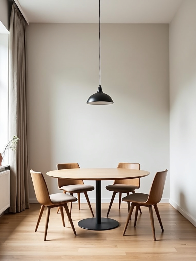 “Modern dining room with a round wooden dining table and minimalist pendant light.”
