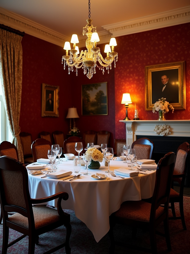 Elegant dining room with red damask wallpaper, traditional wood furniture, and chandelier lighting.