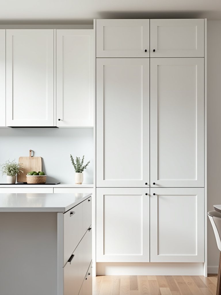 Scandinavian kitchen featuring clean line flat-panel cabinets in white matte finish, emphasizing a modern, minimalist, and uncluttered aesthetic.