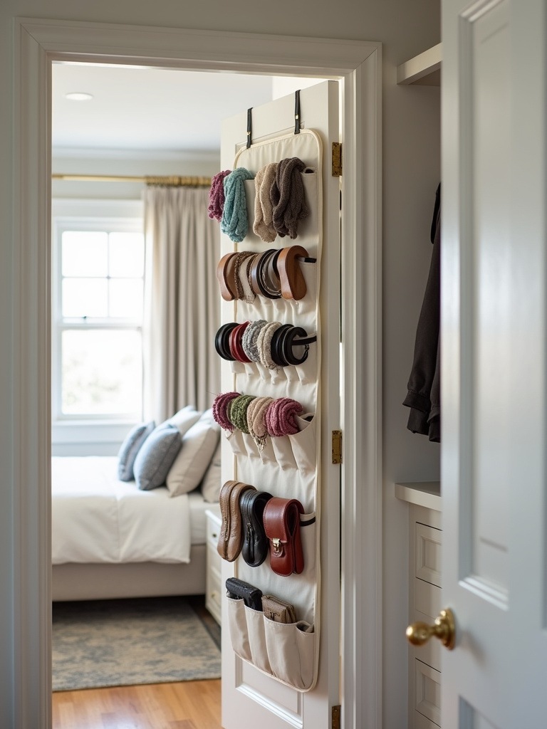 Over-the-door shoe organizer repurposed for scarves and accessories inside a closet.