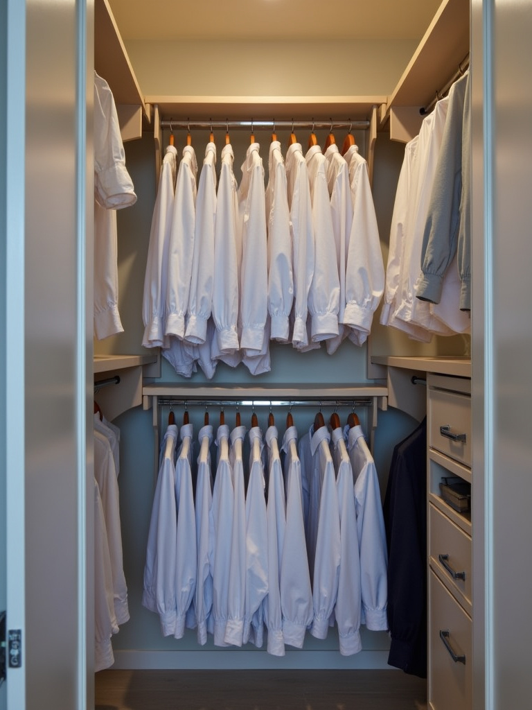 Closet rod doubler installed in a closet, doubling hanging space for shirts.