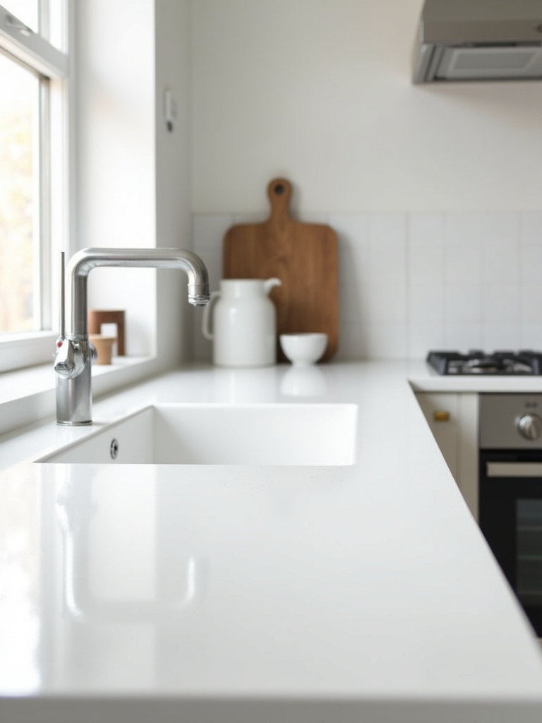 Serene Scandinavian kitchen with completely clutter-free white quartz countertops, emphasizing a clean, minimalist, and visually calm environment.