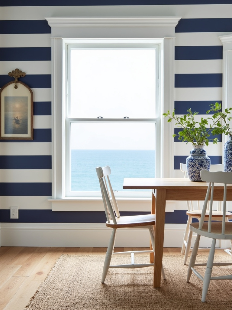 Coastal dining room with navy and white striped wallpaper, white furniture, and natural light.