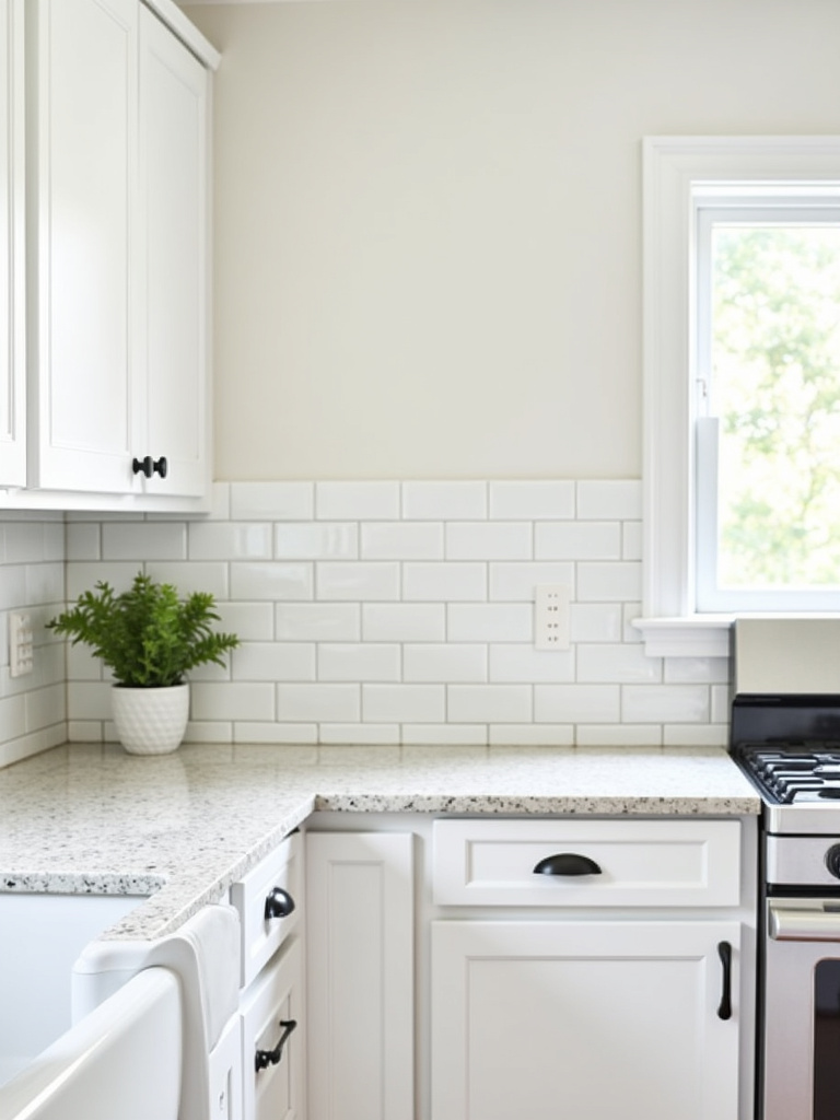 “White subway tile backsplash with contrasting light gray grout in a traditional kitchen.”