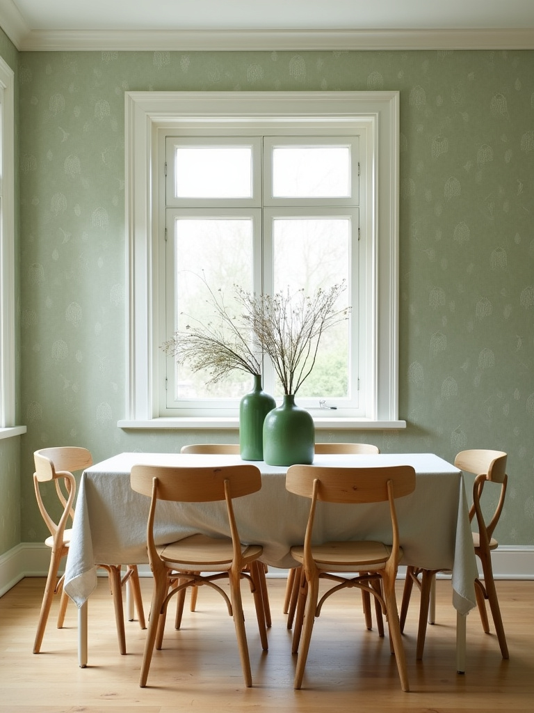 Calming dining room with sage green leaf pattern wallpaper, light wood furniture, and soft natural light.