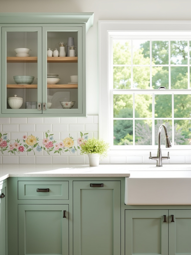 “Country cottage style backsplash with floral tile accents in a traditional kitchen.”