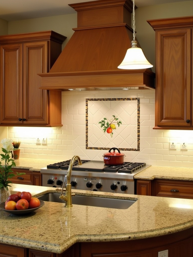 “Cream ceramic tile backsplash with decorative hand-painted tile inserts in a traditional kitchen.”