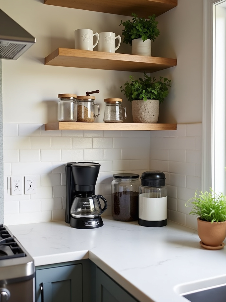 Cozy modern farmhouse kitchen detail showcasing a coffee bar nook setup with a coffee maker, grinder, mugs, and canisters, with open shelving above displaying decorative items, bathed in warm morning light.